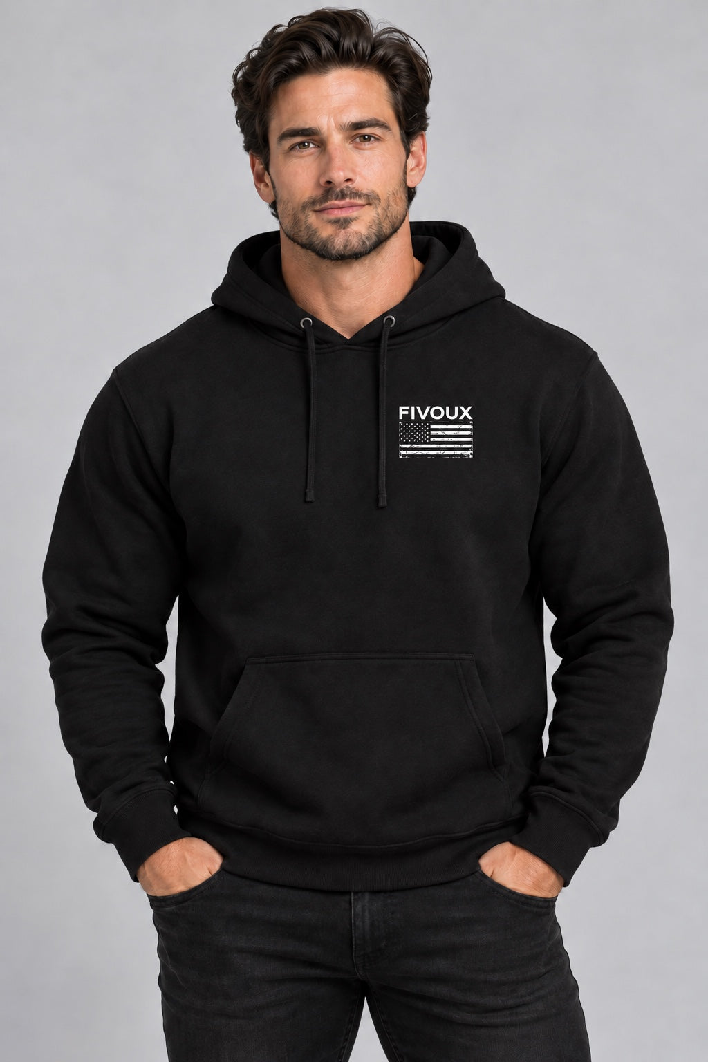 Fivoux Men's Everyday Hoodie — Distressed Flag product model photo