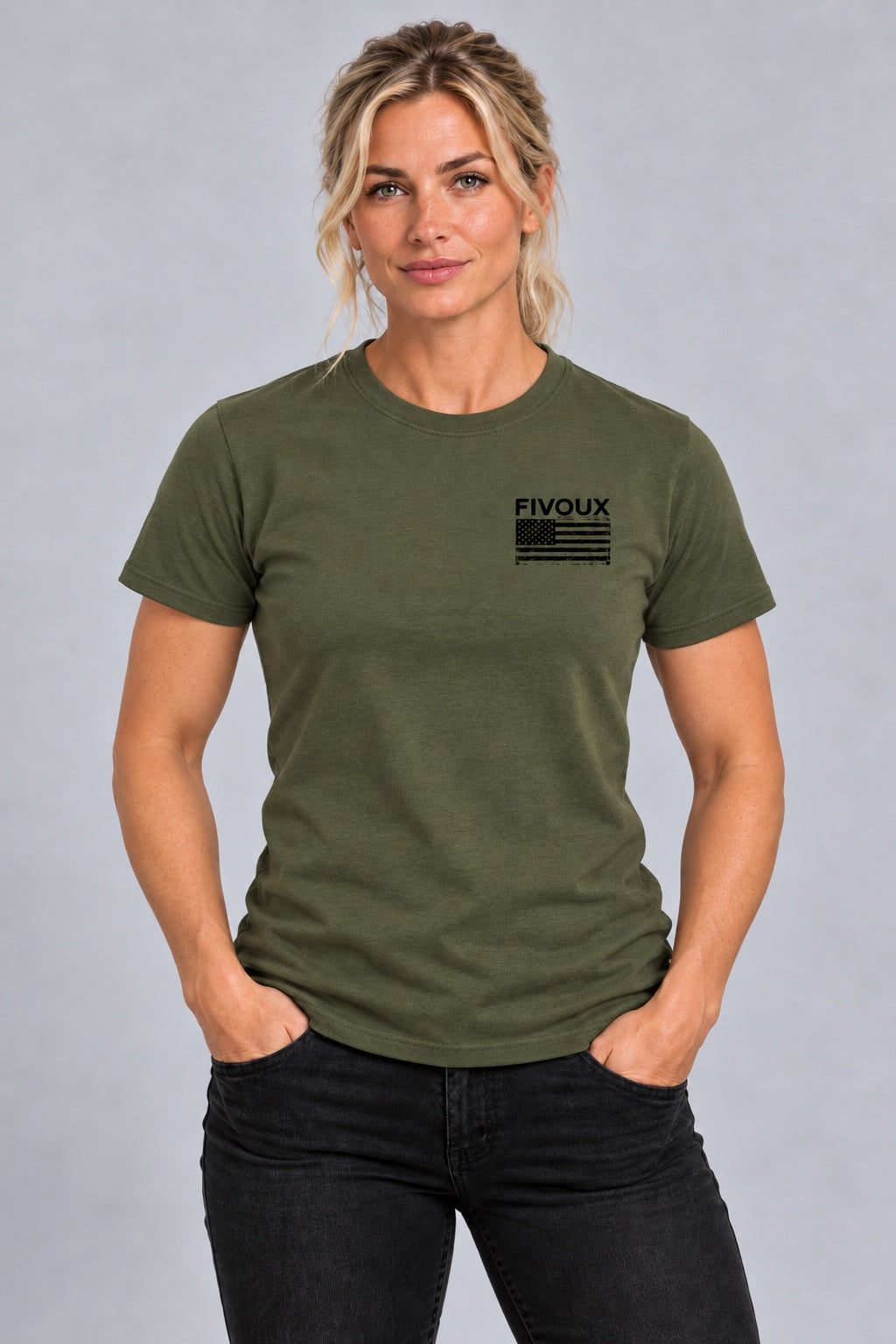 Fivoux women's signature tee with distressed flag logo in OD green