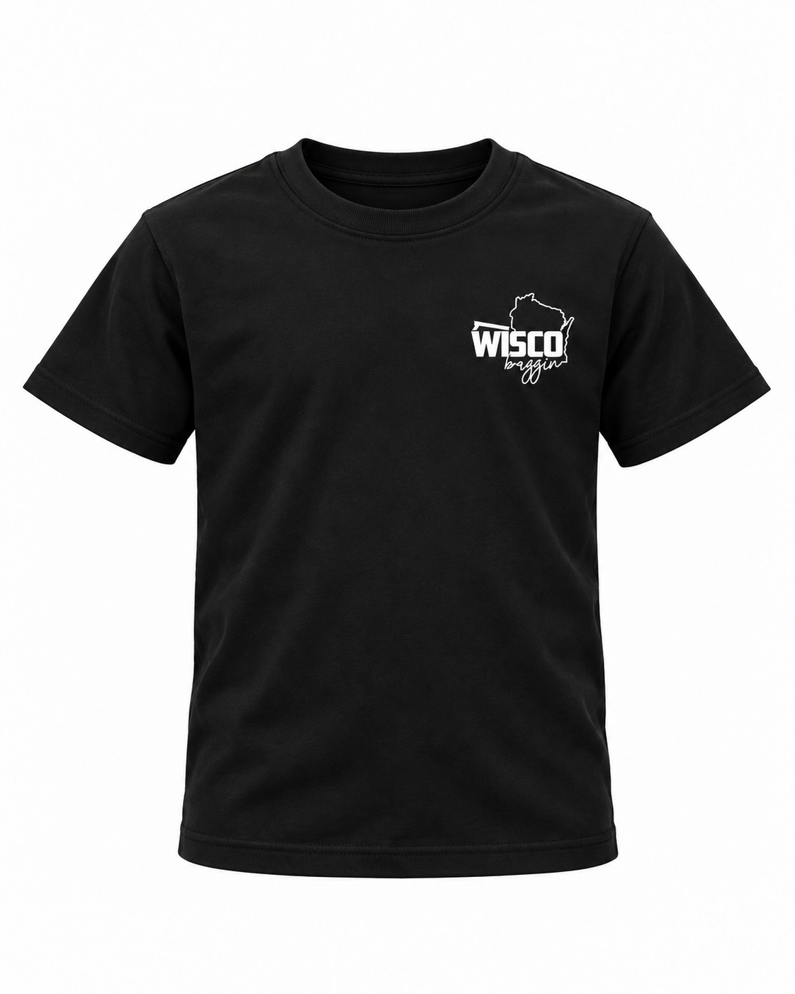 WISCO kids tee black, small left chest logo