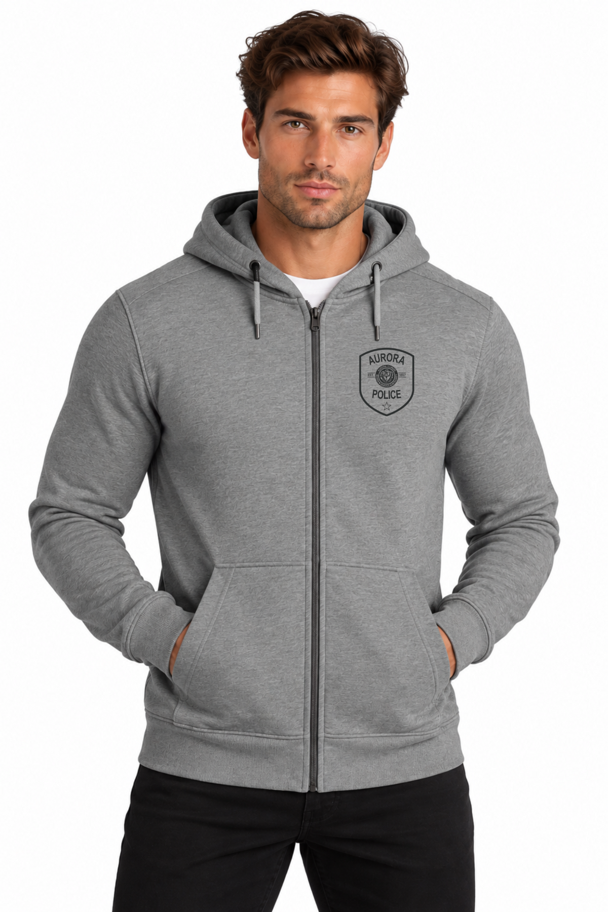 Gray Everyday full zip hoodie with Aurora Police badge logo
