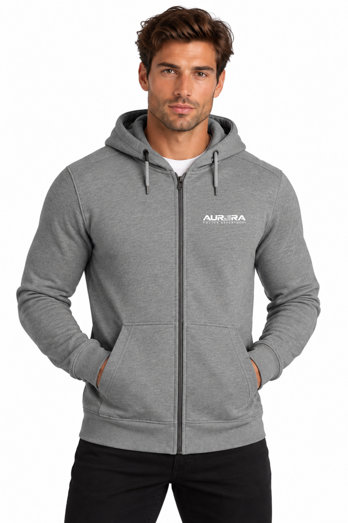 Gray Everyday full zip hoodie with Aurora Police text logo