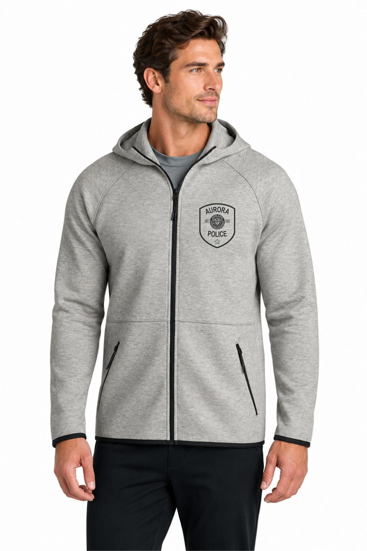 Gray performance full zip hoodie with Aurora Police badge logo