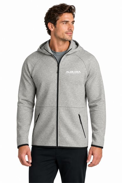 Gray performance full zip hoodie with Aurora Police text logo