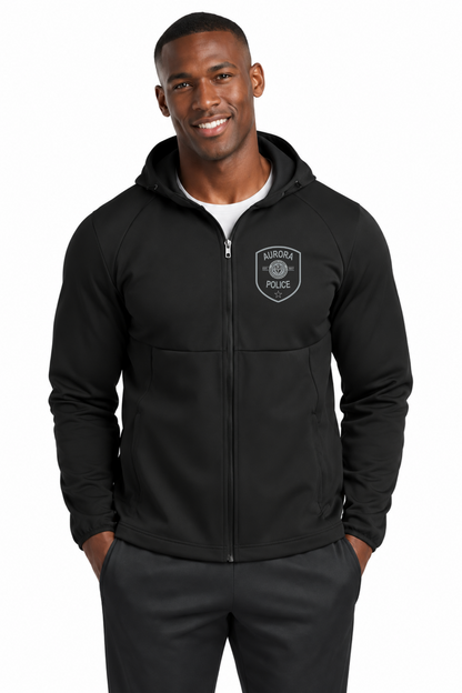Black soft shell hybrid hoodie with Aurora Police badge logo
