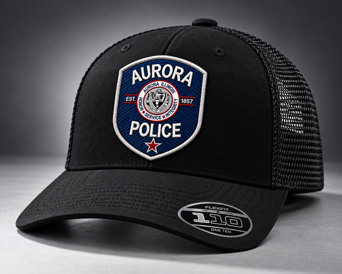 Black Aurora Police Flexfit 110 snapback trucker hat with embroidered patch