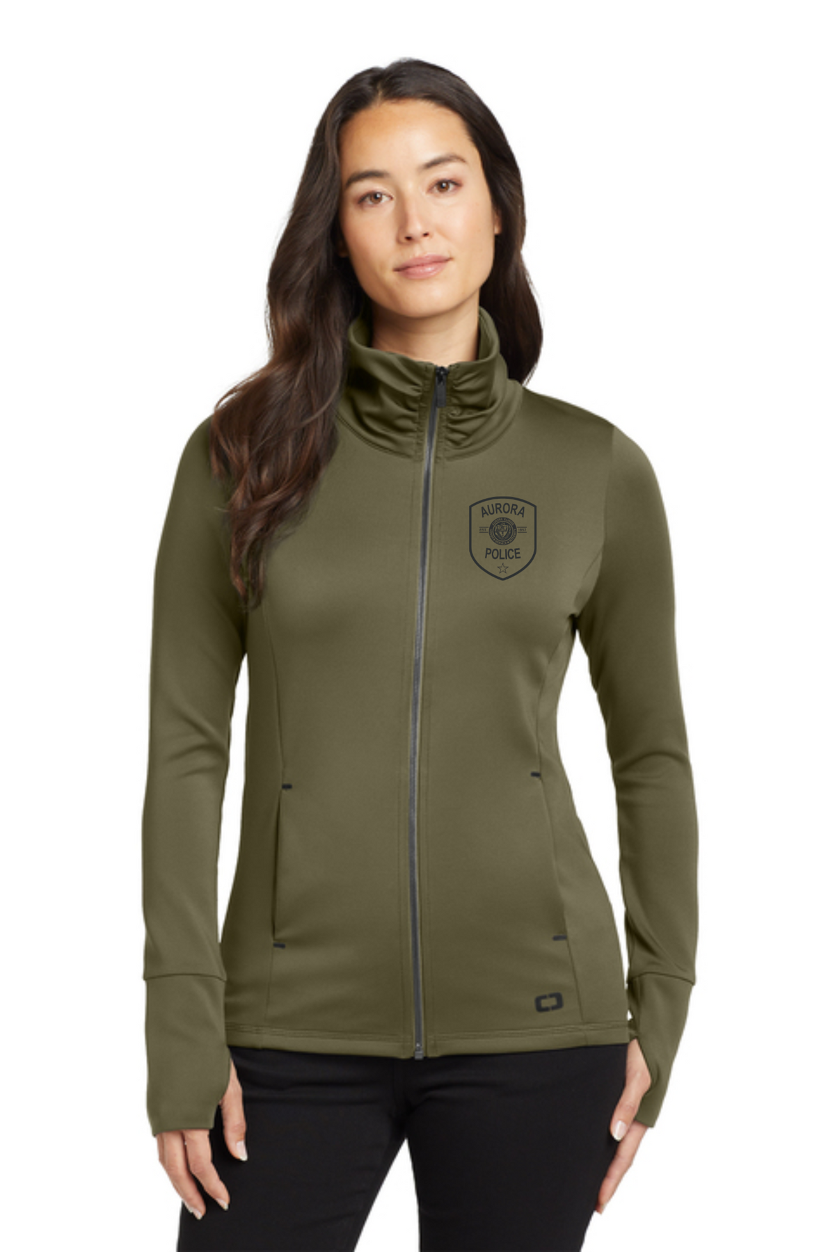 Women's High Cowl Full Zip Jacket, Aurora Police text logo
