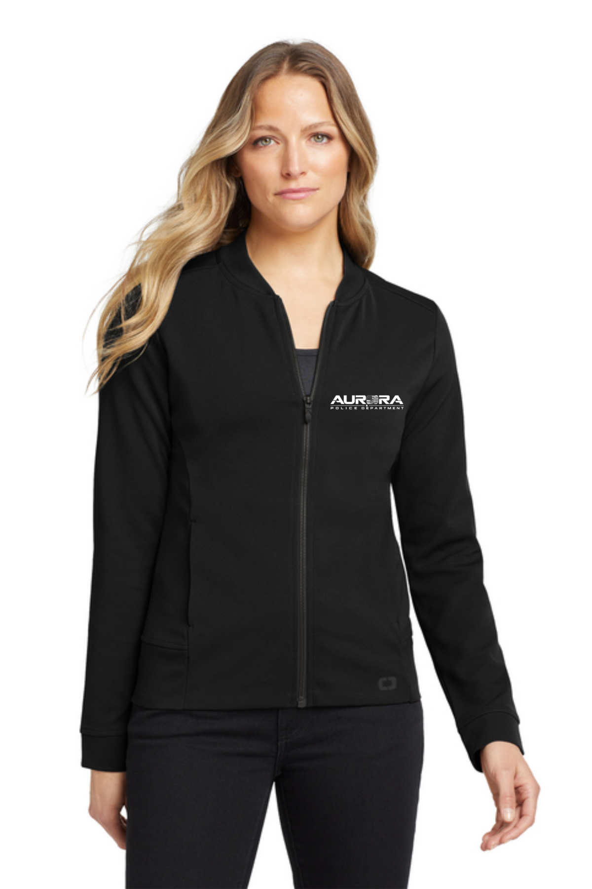 Women's Bomber Style Jacket, Aurora Police badge logo