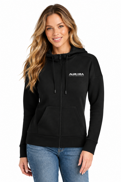 Women's black classic full zip hoodie with Aurora Police text logo
