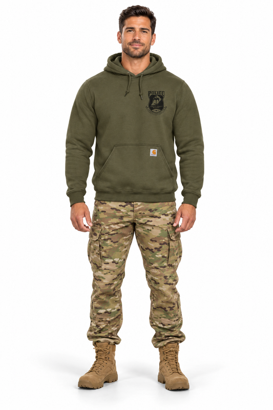 Carhartt Hooded modeled with OCP tactical pants and tan boots