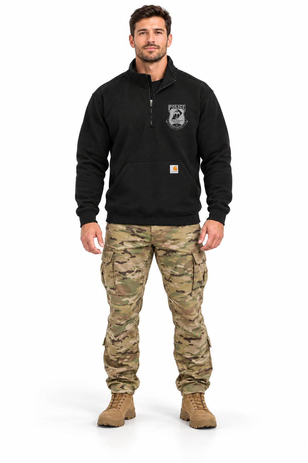 Carhartt 1/4 Zip modeled with OCP tactical pants and tan boots