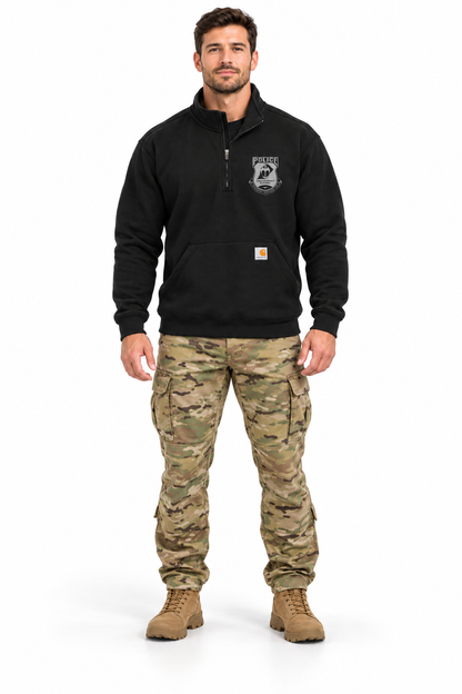 Carhartt 1/4 Zip modeled with OCP tactical pants and tan boots