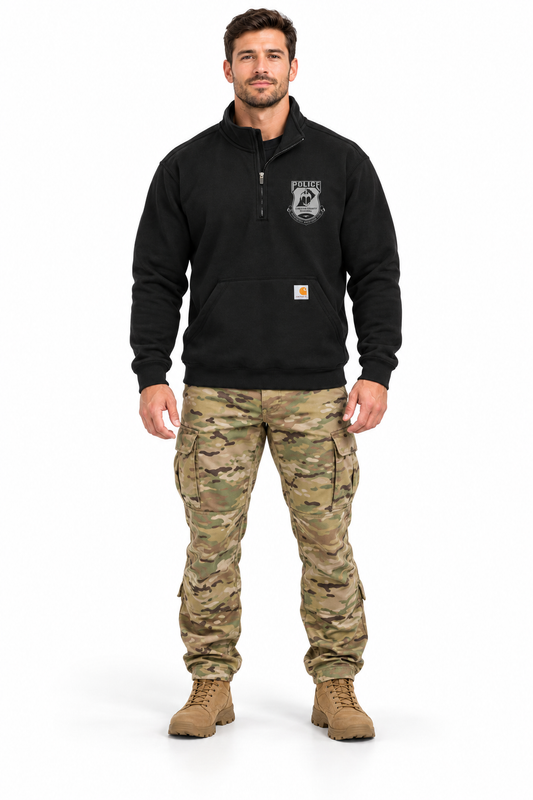 Carhartt 1/4 Zip modeled with OCP tactical pants and tan boots