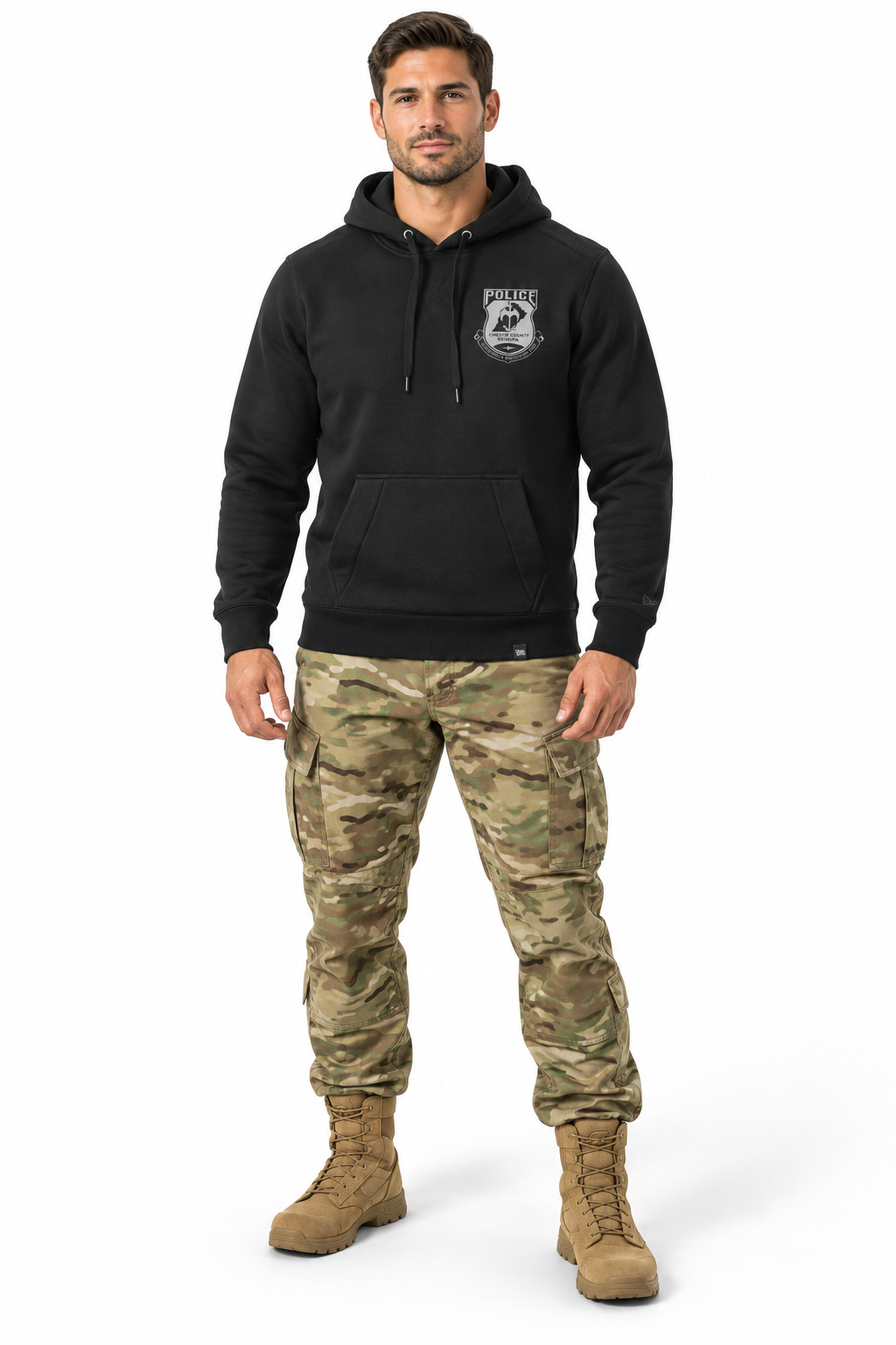 New Era Hooded modeled with OCP tactical pants and tan boots