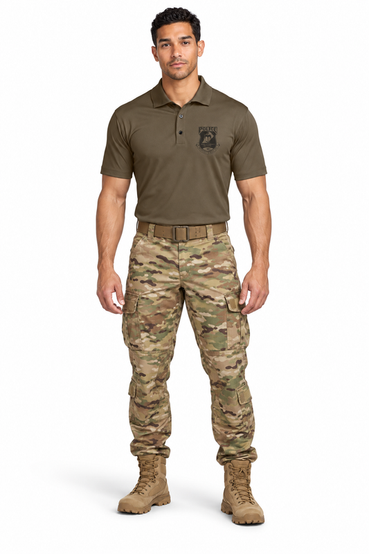 NIke Polo modeled with OCP tactical pants and tan boots