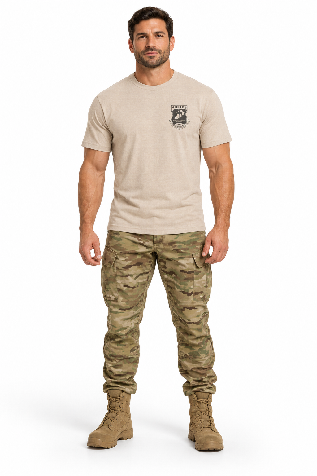 Signature T-shirt modeled with OCP tactical pants and tan boots
