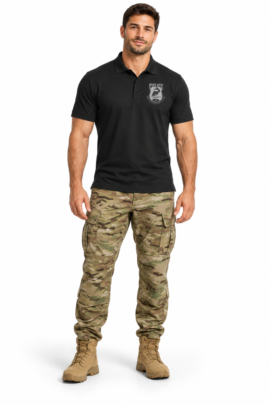 Stretch Polo modeled with OCP tactical pants and tan boots