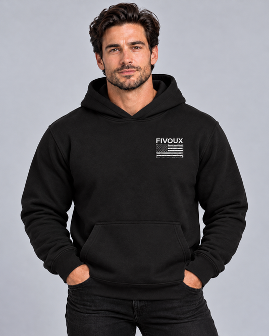 Men's black Fivoux premium heavyweight pullover hoodie with distressed American flag left chest logo