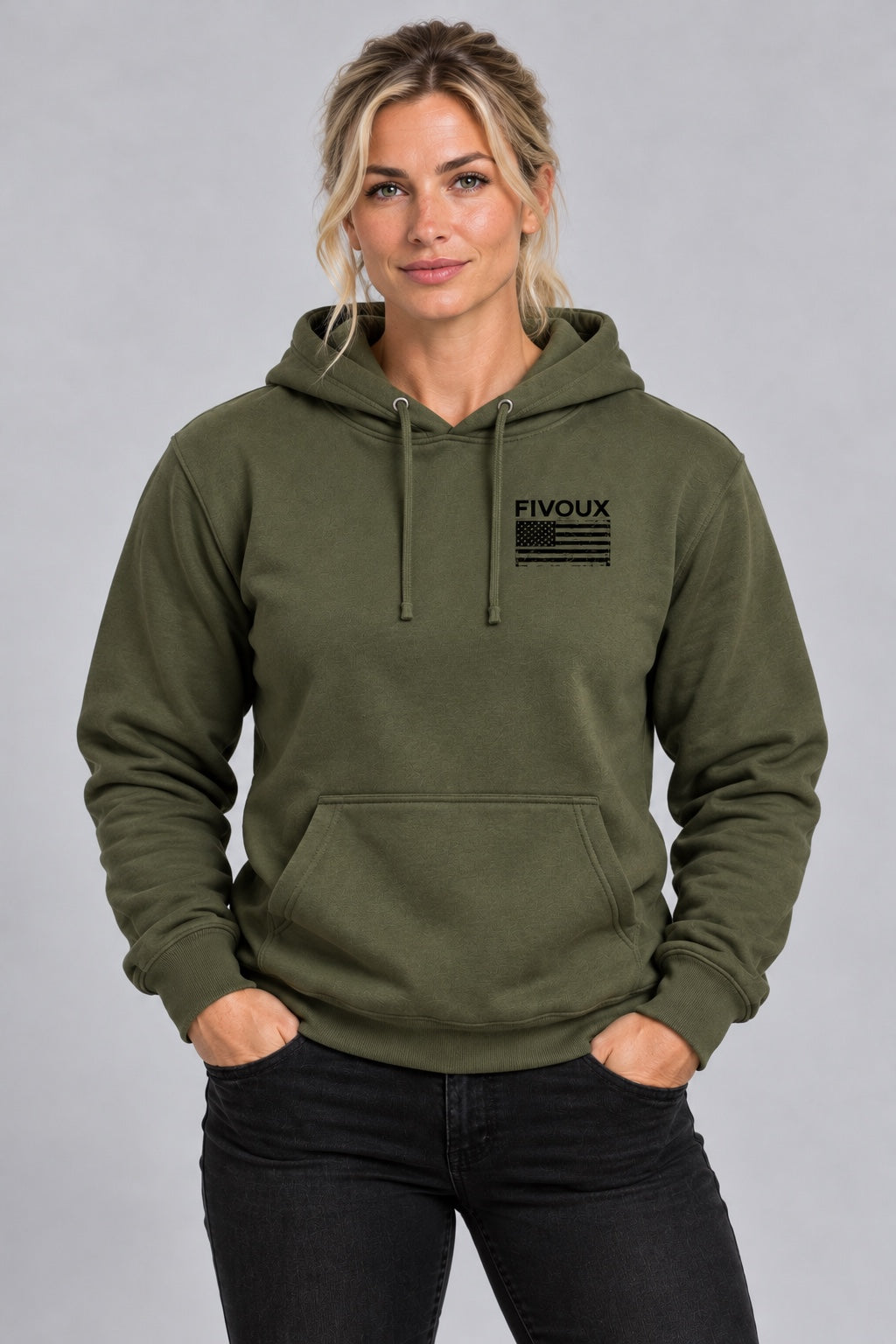 Fivoux Women's Everyday Hoodie — Distressed Flag product model photo