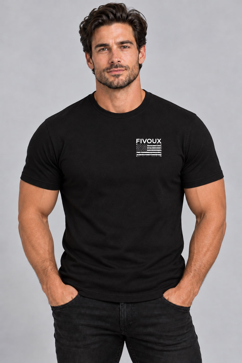 Fivoux Men's Signature T-Shirt — Distressed Flag product model photo
